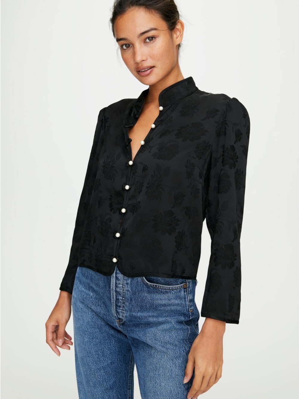 Wilfred Black Floral Jacquard Pearl-Button Blouse